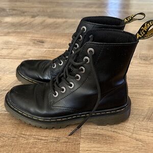 Dr. Martens Black Leather Lace-Up Ankle Boots with Yellow Stitching